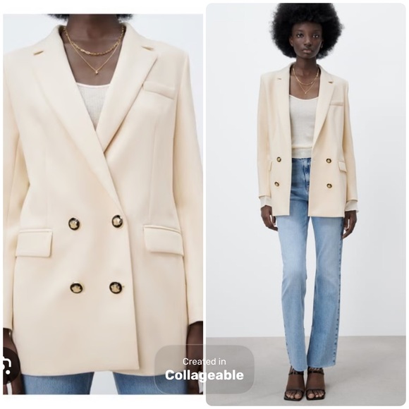 Zara Jackets & Blazers - Zara Cream Double Breasted Blazer with Black/Gold Button Detail Sz M